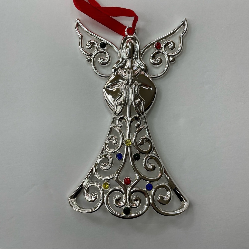 Lenox Sparkle & Scroll Multi Crystal Angel Christmas Ornament Silverplate Box